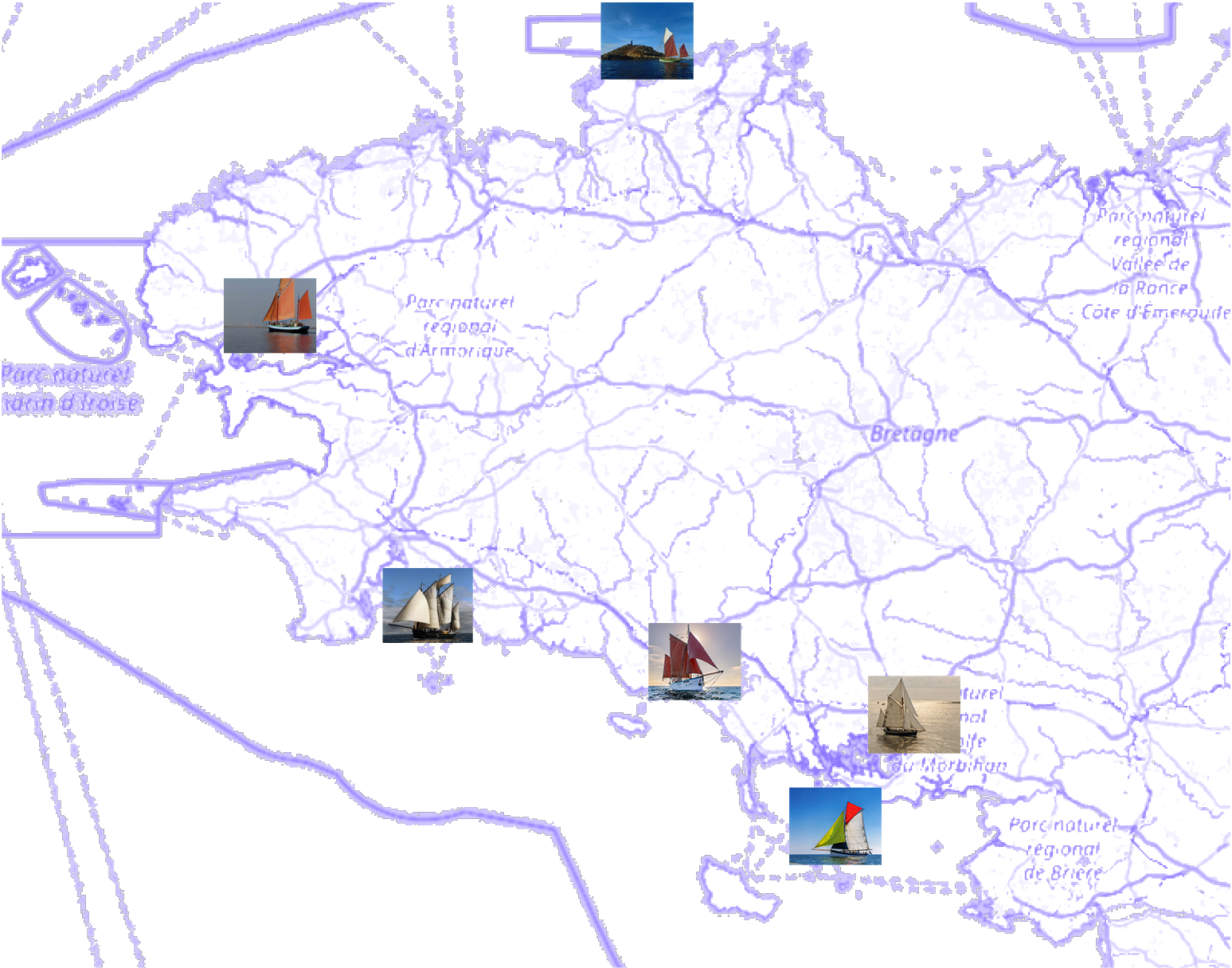 Carte de la Bretagne et des bateaux traditionnels en Finistère, Morbihan, Côtes d'Armor, Île et Vilaine.
